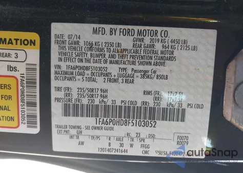 2015 Ford Fusion Se z USA, uszkodzony, nr VIN 1FA6P0HD8F5103052
